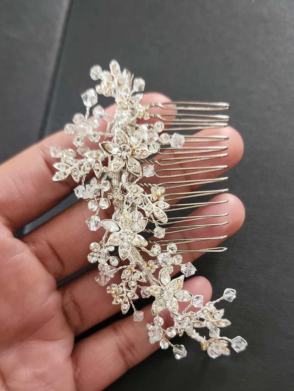 Silver Crystal Floral Bridal Wedding Hair Comb Rhinestone Hair Piece OS